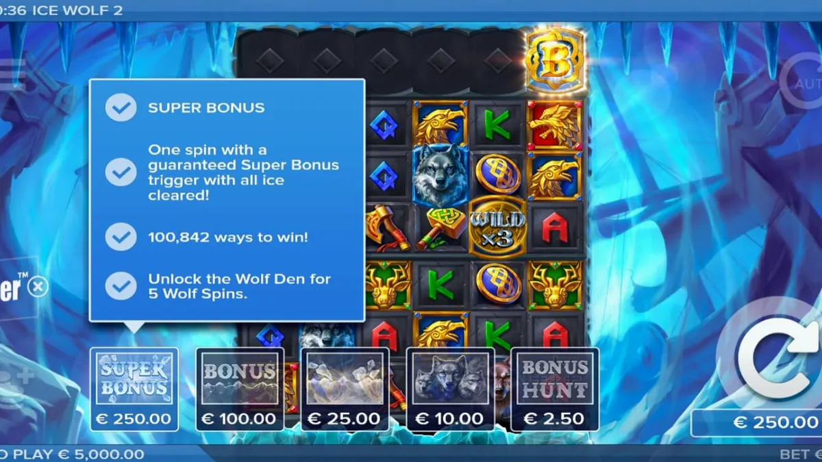 Pemandangan visual slot Ice Wolf 2 dengan tema Arktik dan grid yang membeku.