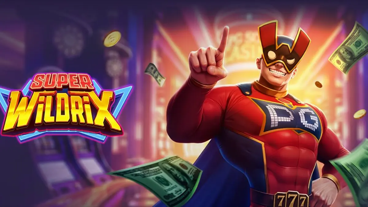 Tampilan visual slot Super Wildrix dengan tema pahlawan super neon